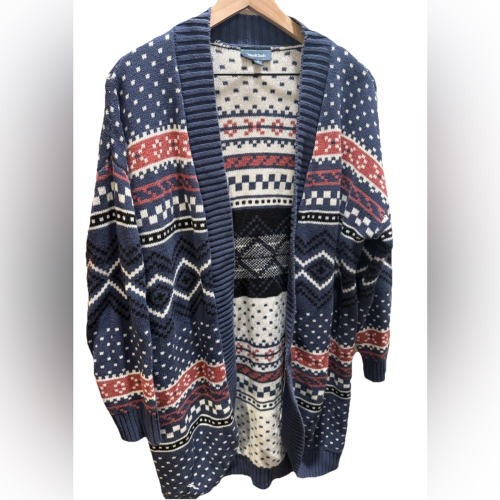 MODCLOTH Fair Isle Red White Blue Open Long Cardigan Womens Sz Medium